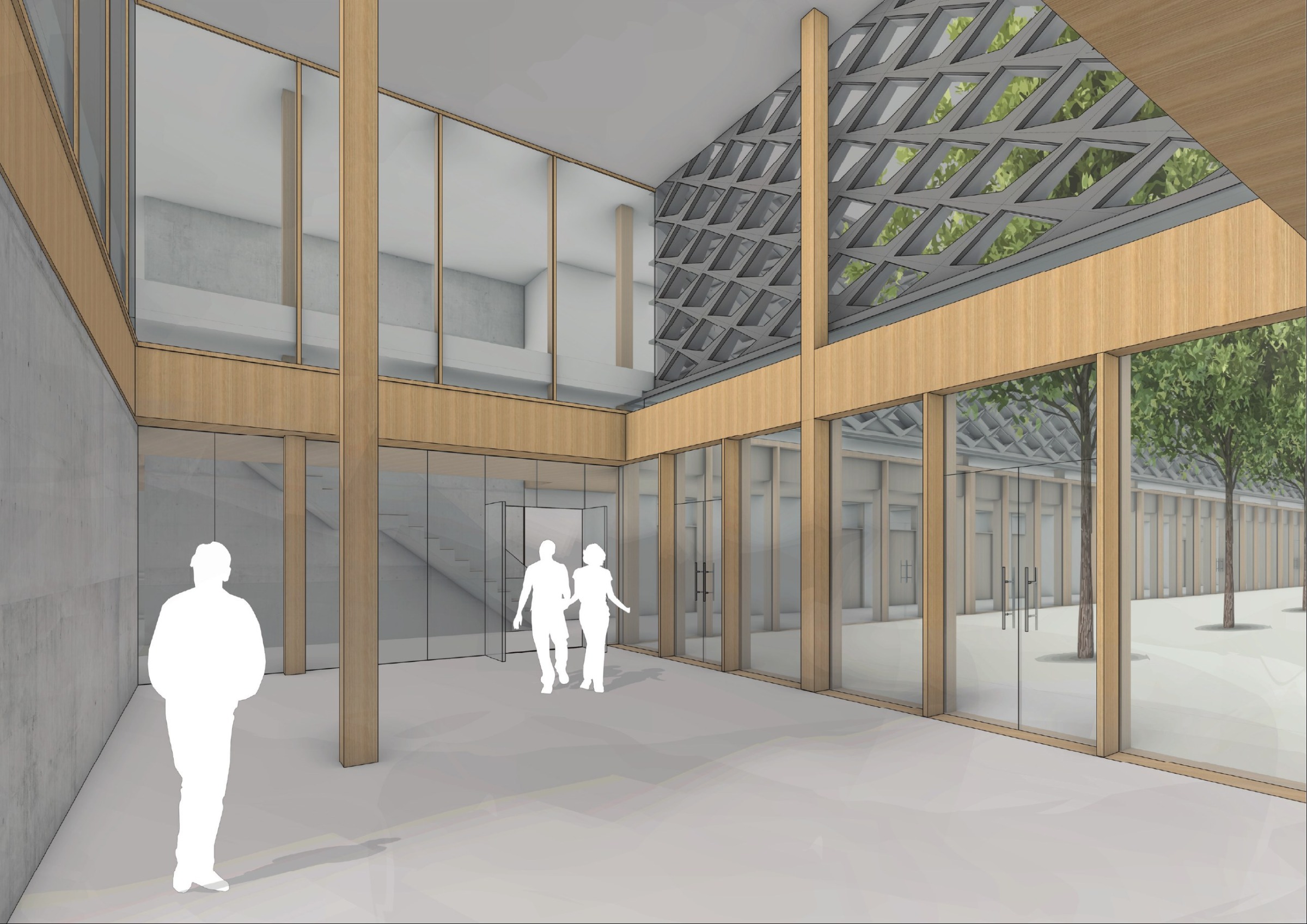 Courtyard rendering with timber structure, glazed circulation, faceted roof underside and planted interior garden.