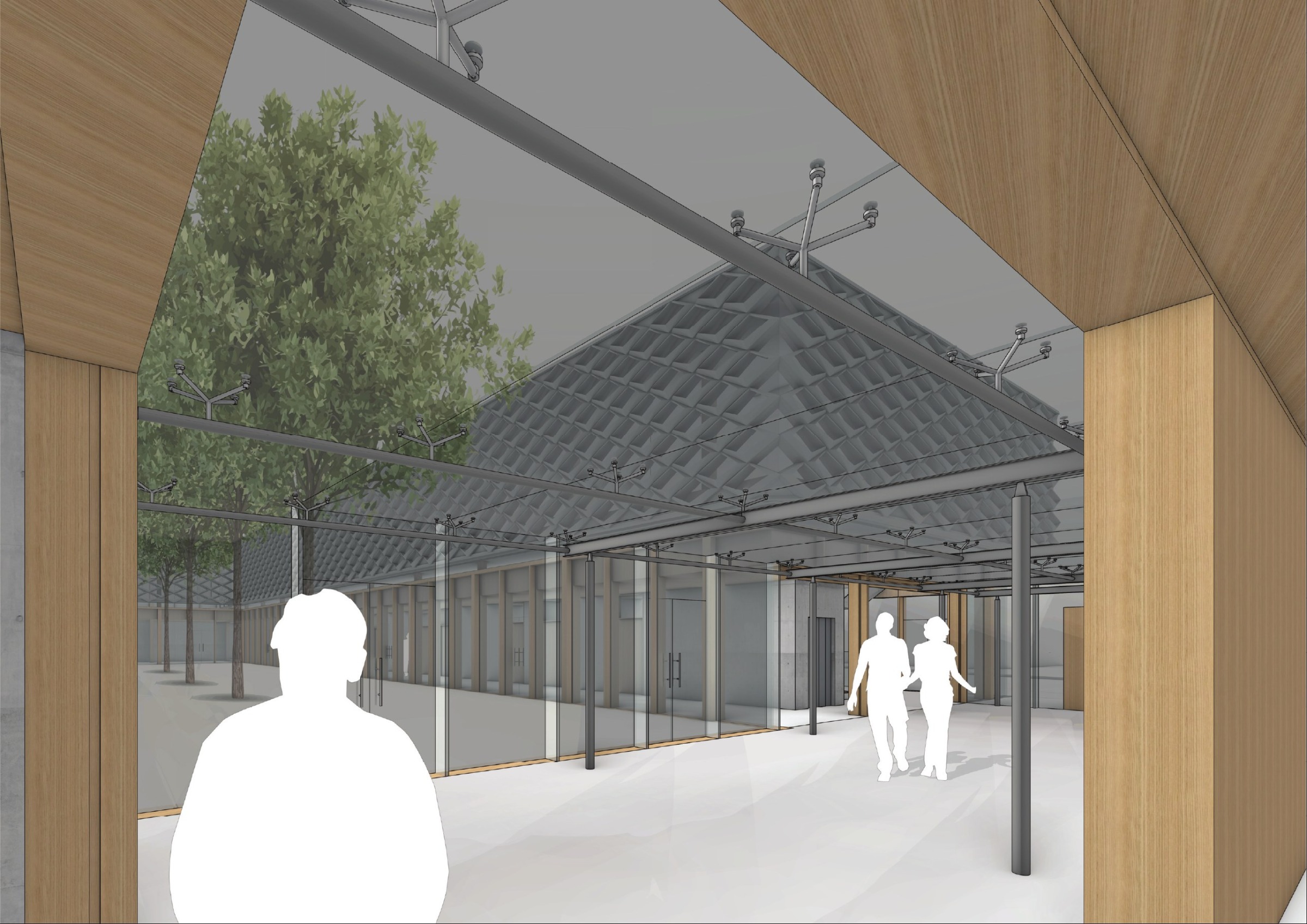 Entrance perspective from beneath the timber canopy looking toward the glazed hospice courtyard and facade.