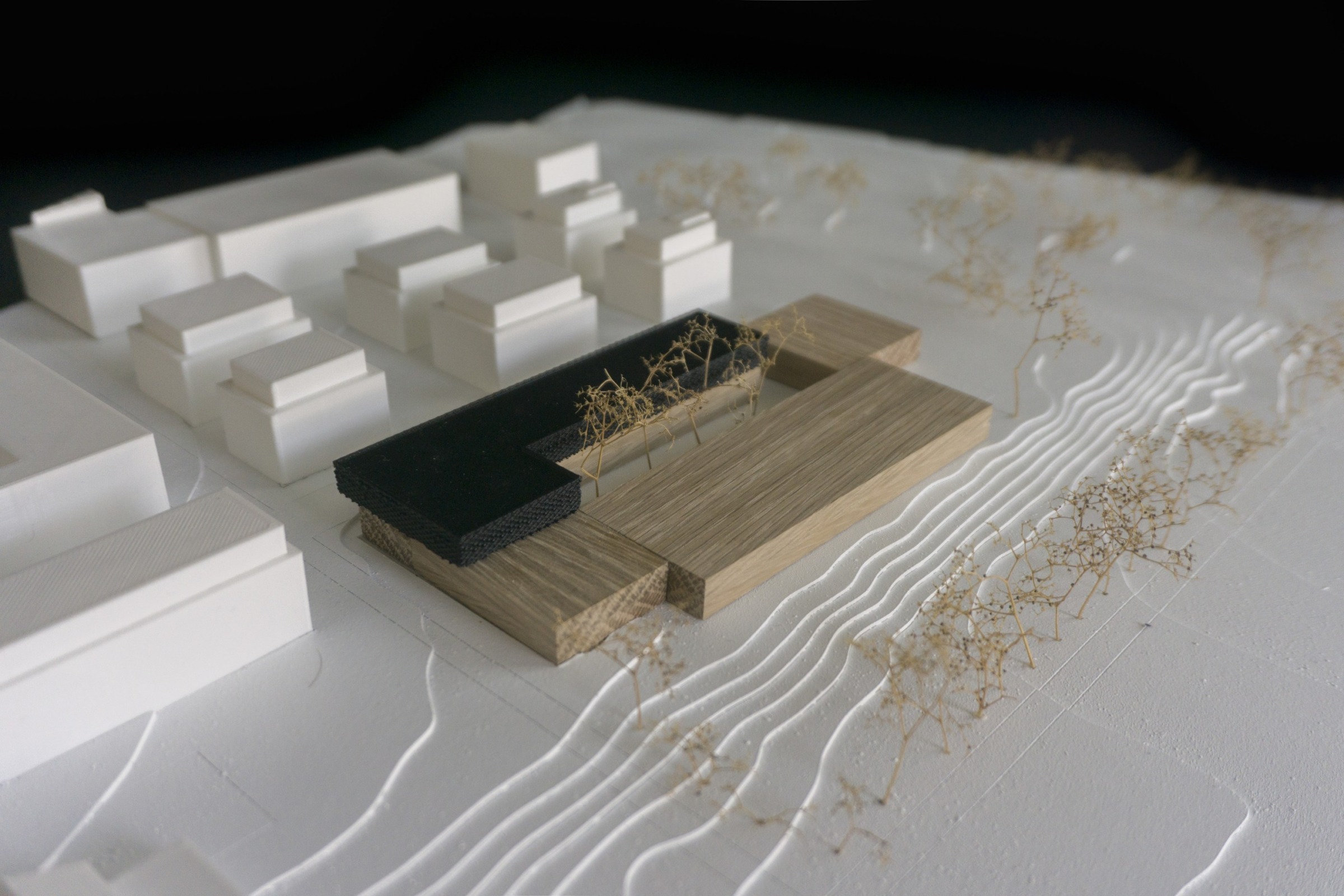 Physical site model showing the hospice volume embedded in the surrounding Darmstadt urban context.