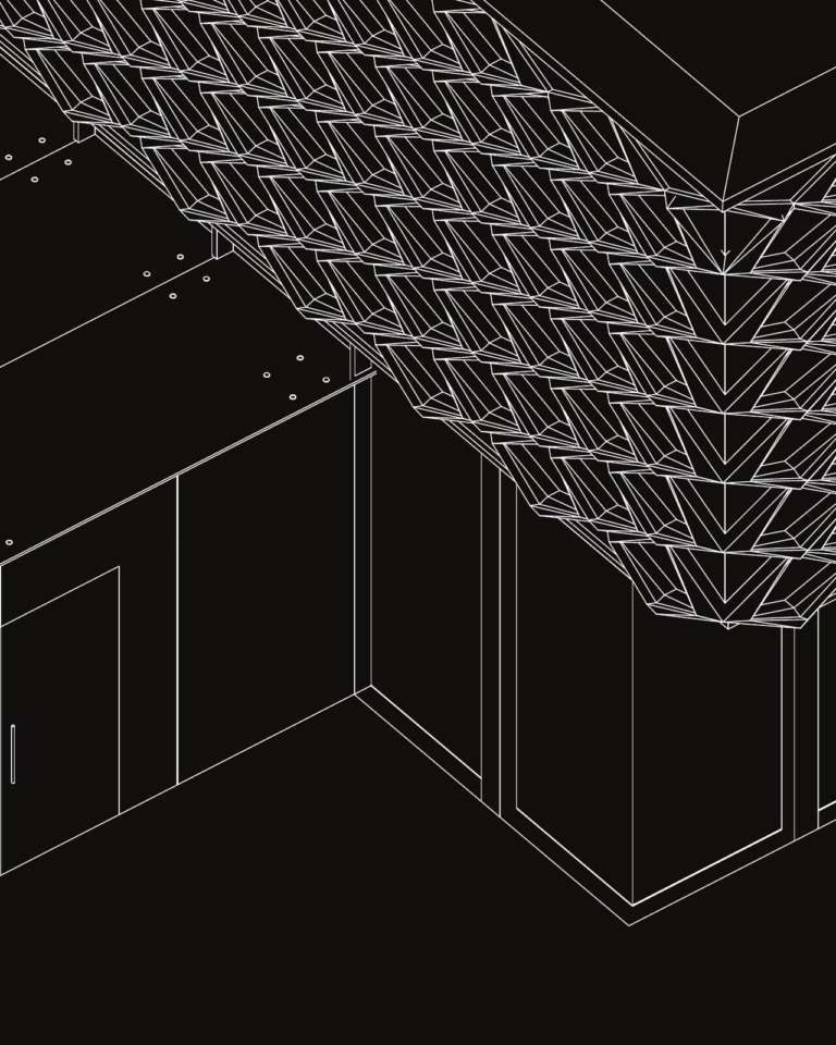 Cropped dark line drawing of the Hospiz Facettenreich faceted facade and upper envelope, used as the project card poster.