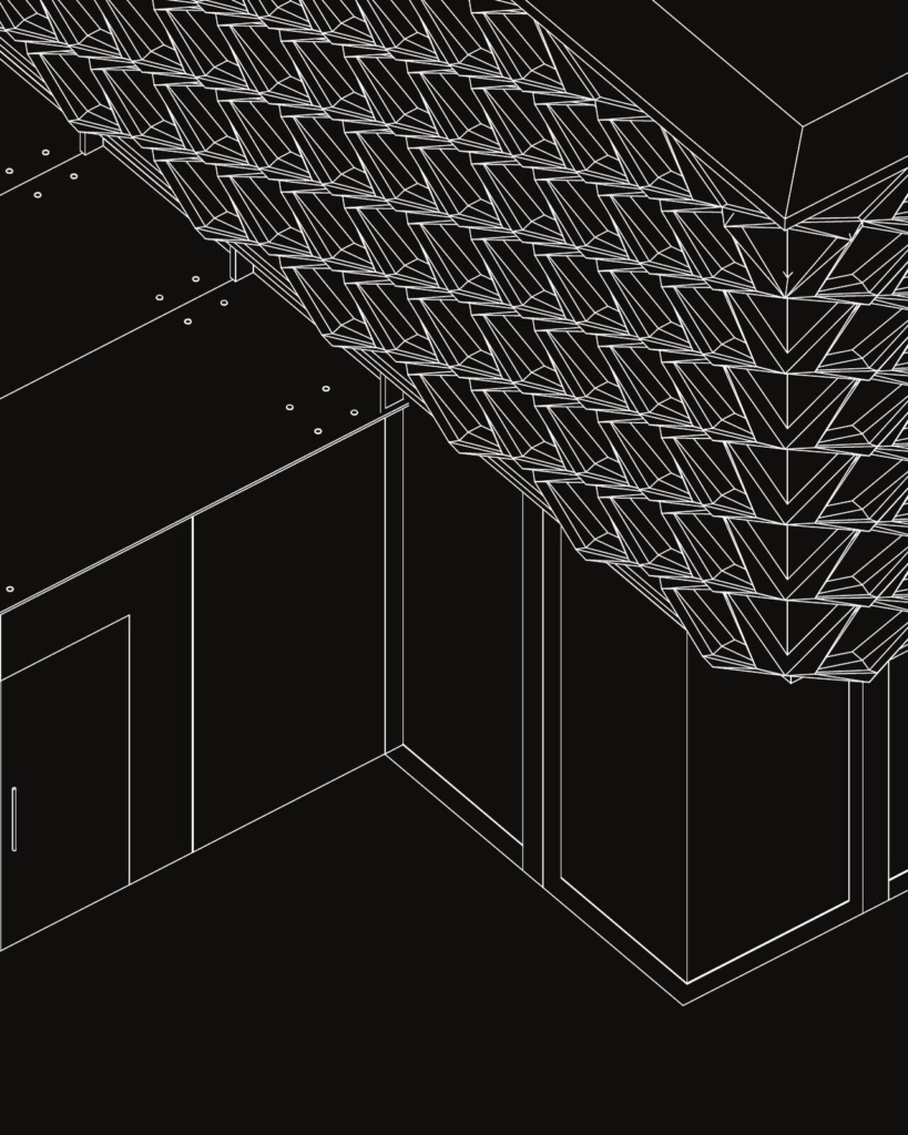 Cropped dark line drawing of the Hospiz Facettenreich faceted facade and upper envelope, used as the project card poster.