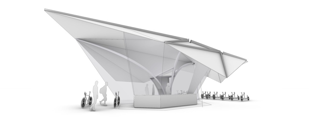 Perspective view of a lightweight folded e-mobility hub canopy with people and bicycles below.