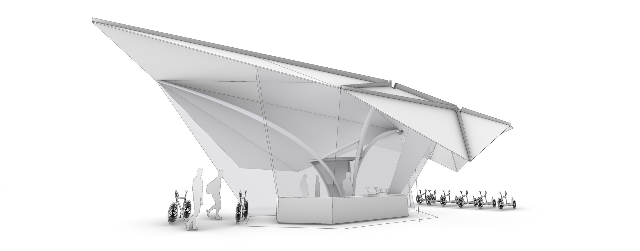 Perspective view of a lightweight folded e-mobility hub canopy with people and bicycles below.