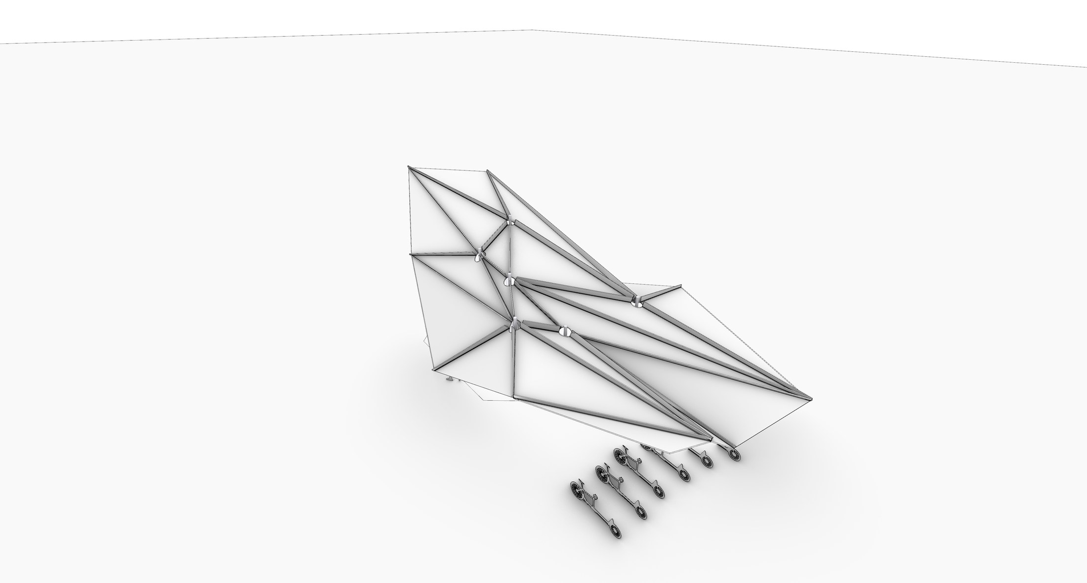 Axonometric view of the folded roof structure and bike docking arrangement.