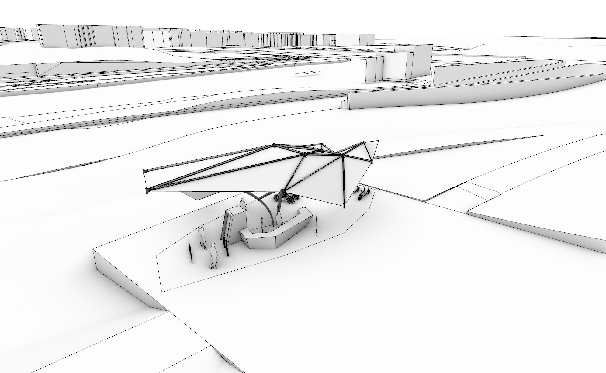 Site context view of the e-mobility hub along the Stuttgart Neckar riverfront.