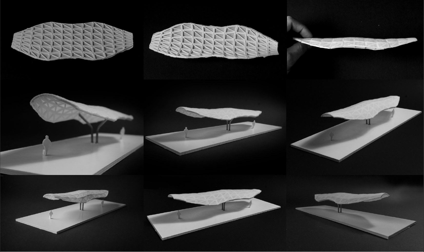 Collage of physical fold studies for lightweight canopy forms.