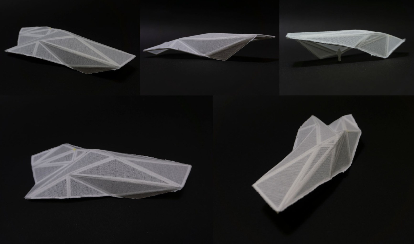 Collage of textile material tests with printed stiffening patterns.
