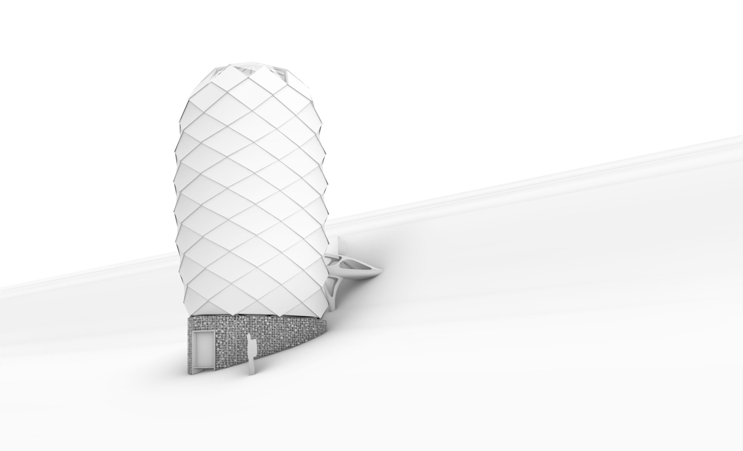 Exterior rendering of the Light Tower shelter with overlapping shell panels on a snowy mountain site.