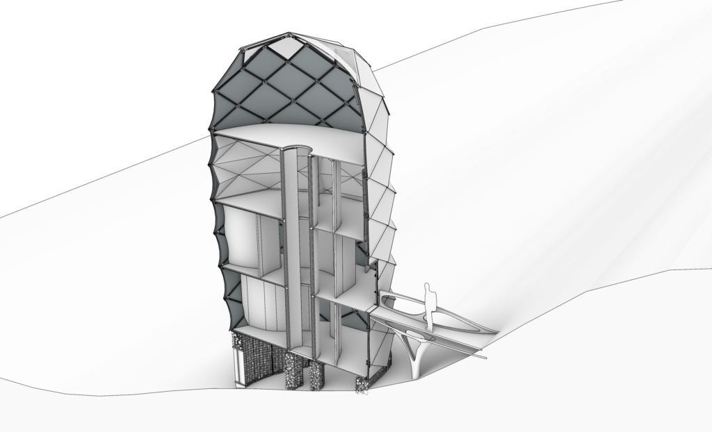 Cutaway perspective showing the interior levels, central core, gabion base, and access bridge of the Light Tower.
