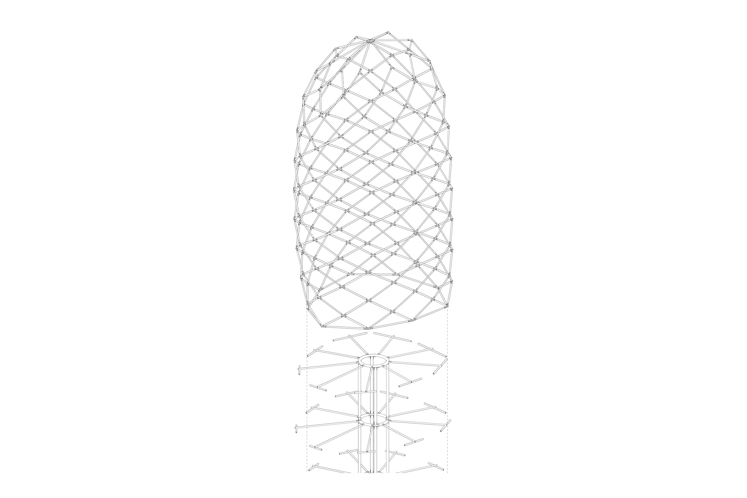 Exploded axonometric drawing of the Light Tower exterior shell and inner rod structure.
