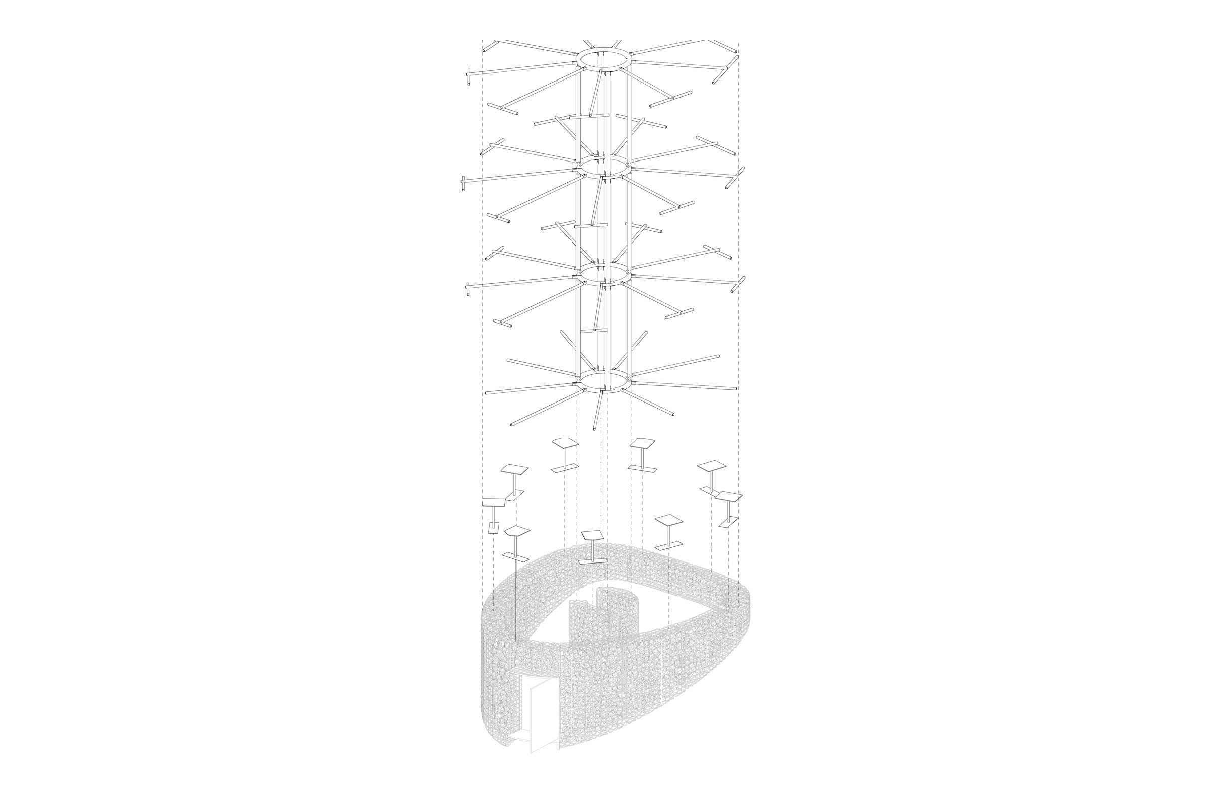 Exploded axonometric drawing showing gabion foundation, floor plates, and lower structural assembly.