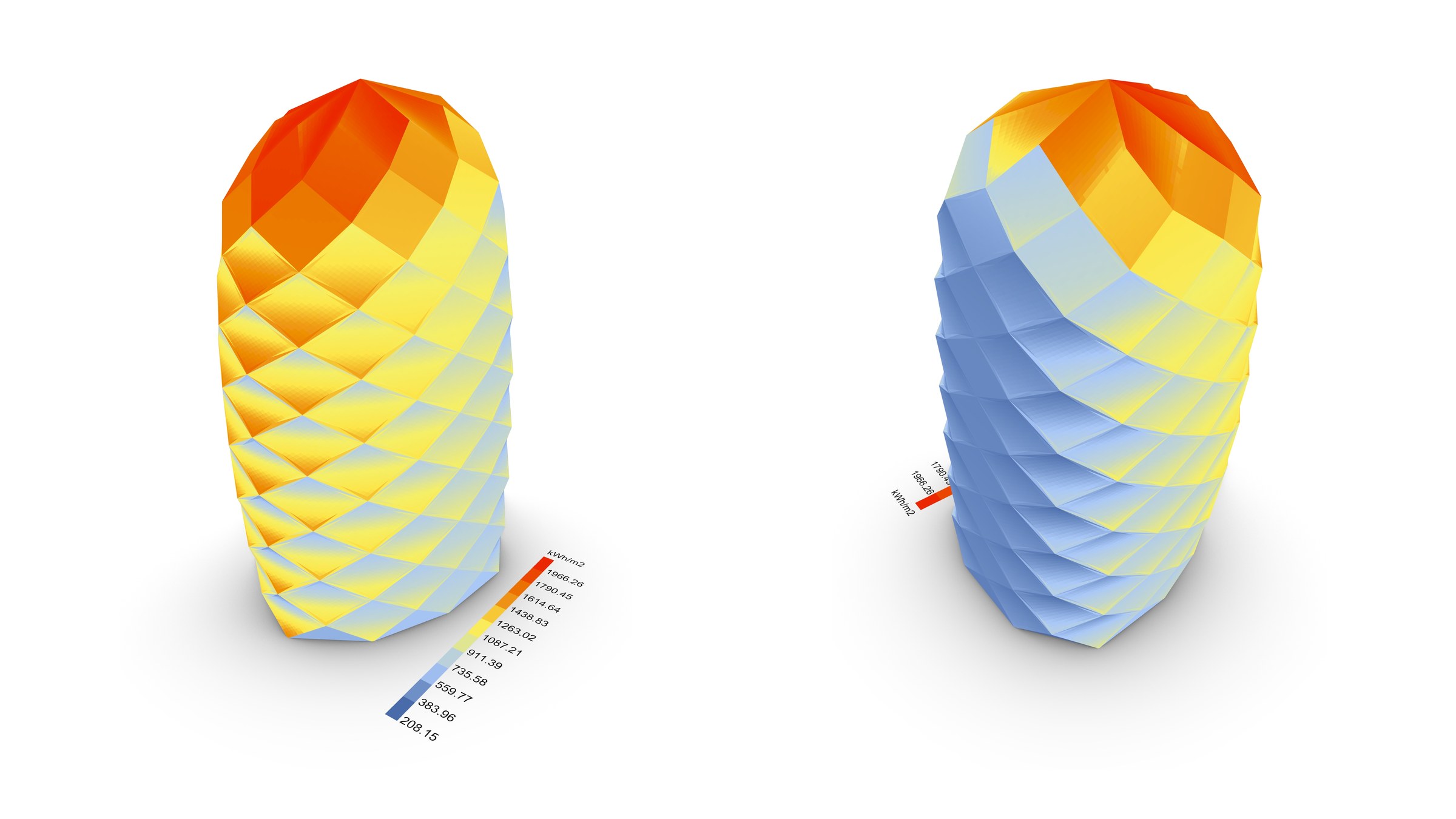 Two solar exposure renderings mapping radiation across the faceted Light Tower envelope.