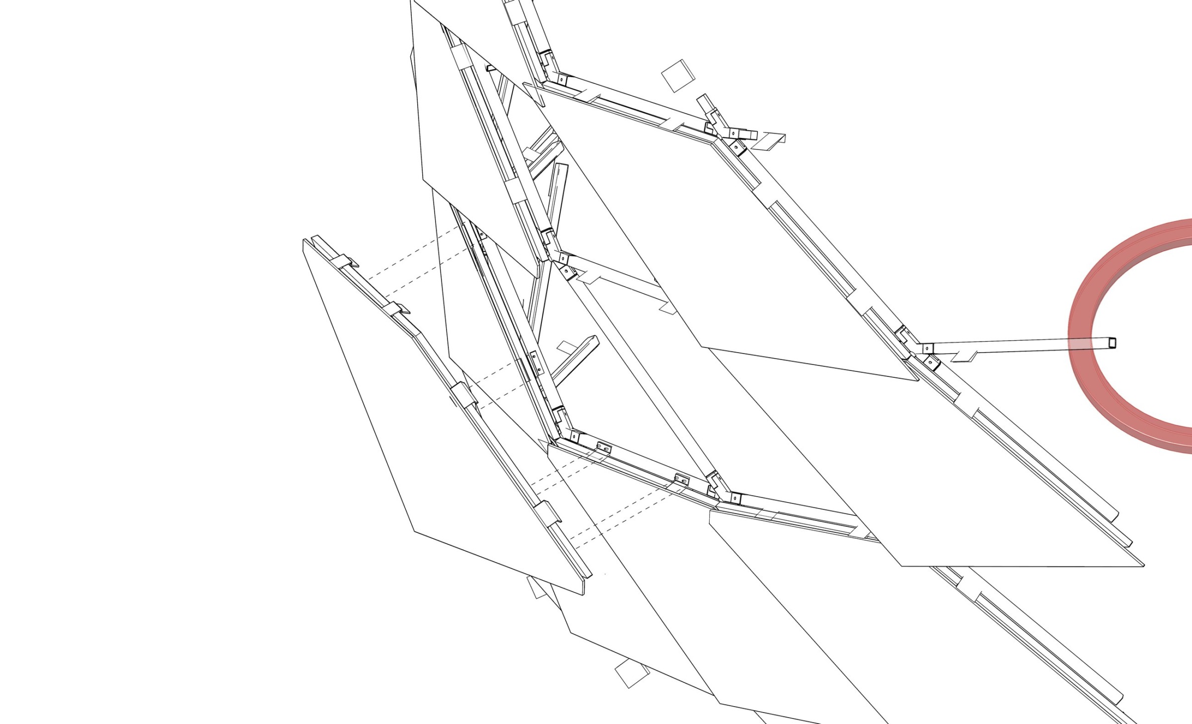 Axonometric drawing of facade panel modules, rods, and connection hardware.