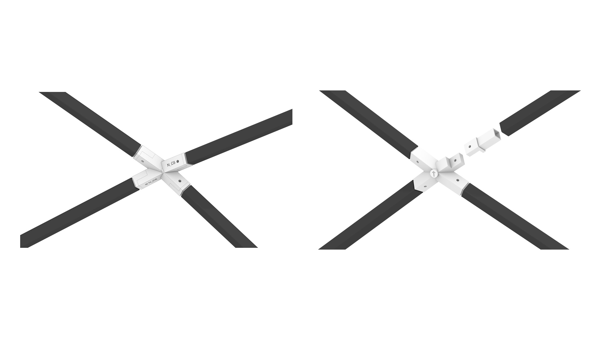 Two close-up renderings of aluminum node details connecting carbon rods.