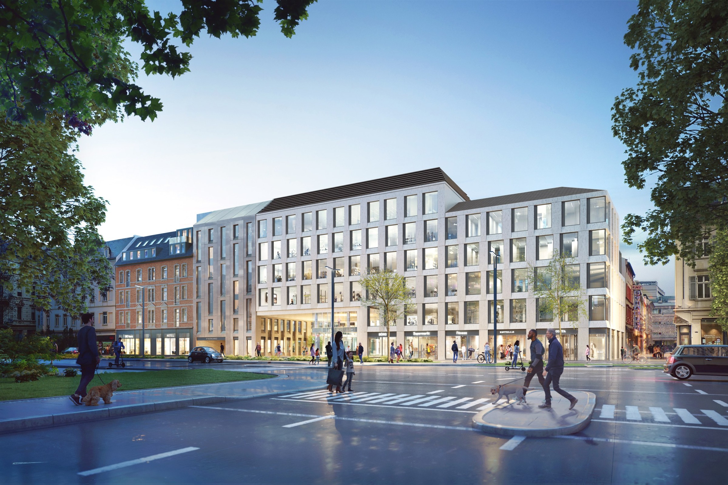 Mauritius Höfe street perspective with mixed-use facade in Wiesbaden