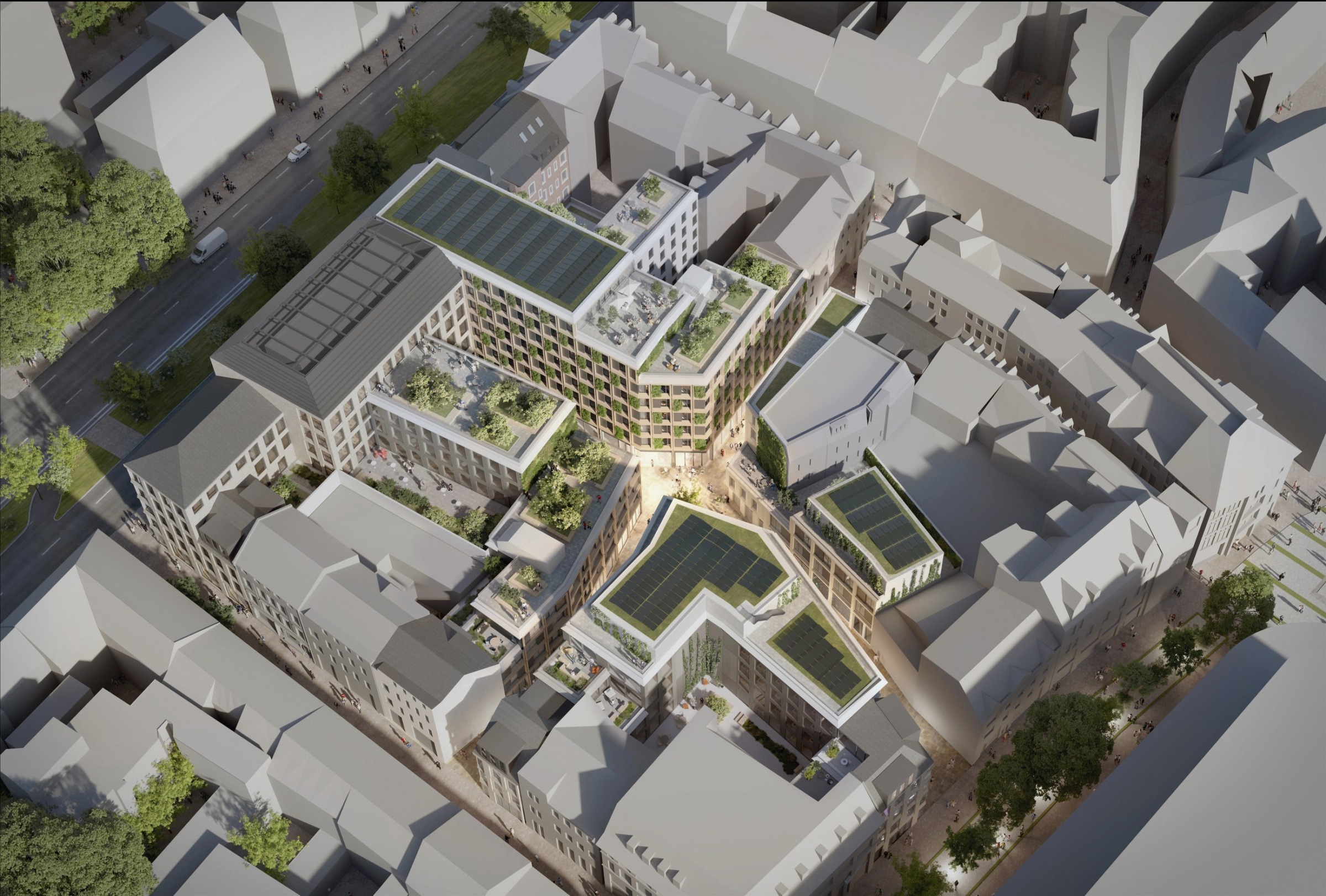 Aerial view of Mauritius Höfe with courtyards and roof terraces