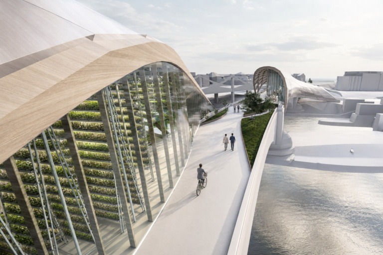Perspective view along the productive bridge promenade with the vertical farm facade, river corridor and public route.