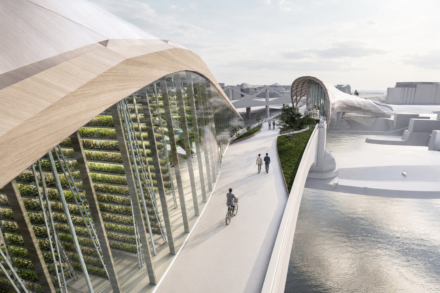 Perspective view along the productive bridge promenade with the vertical farm facade, river corridor and public route.