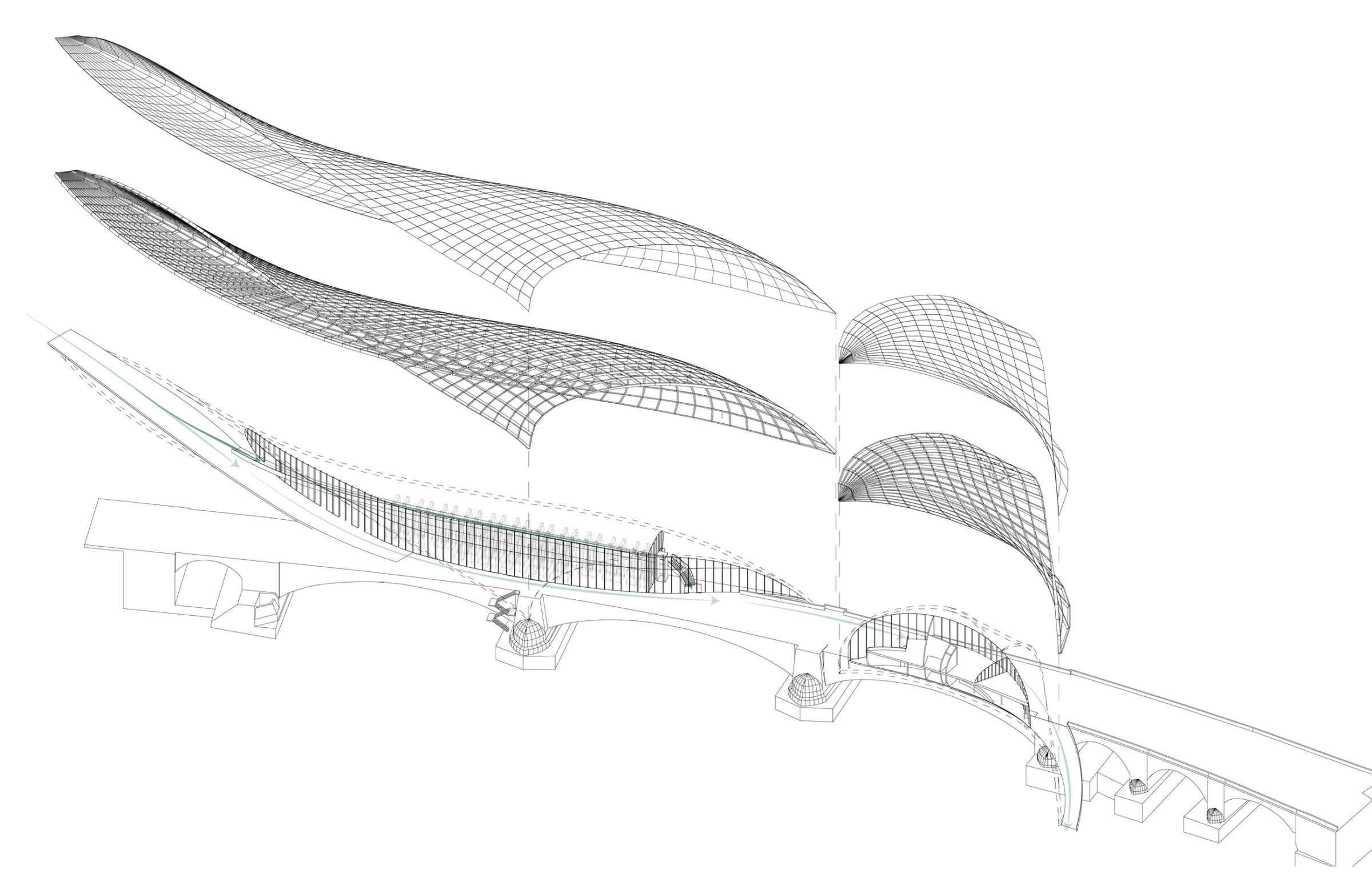 Exploded axonometric showing the bridge building envelope, structural layer and programme volumes.