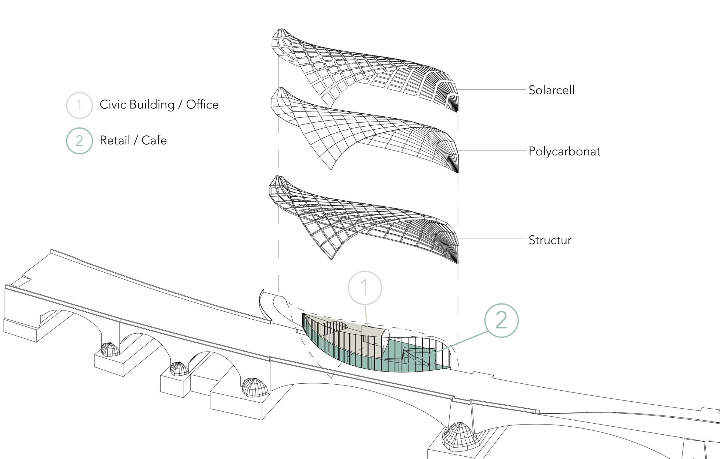 Diagram of the solar cell, polycarbonate and structural layers forming the bridge envelope.