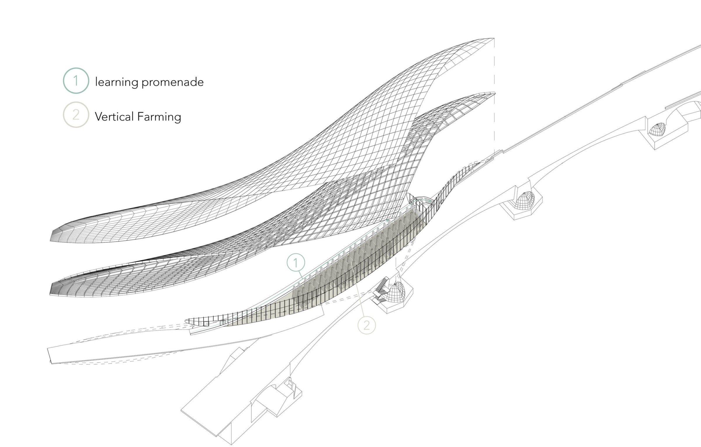 Axonometric diagram locating the learning promenade and vertical farming programme along the bridge.