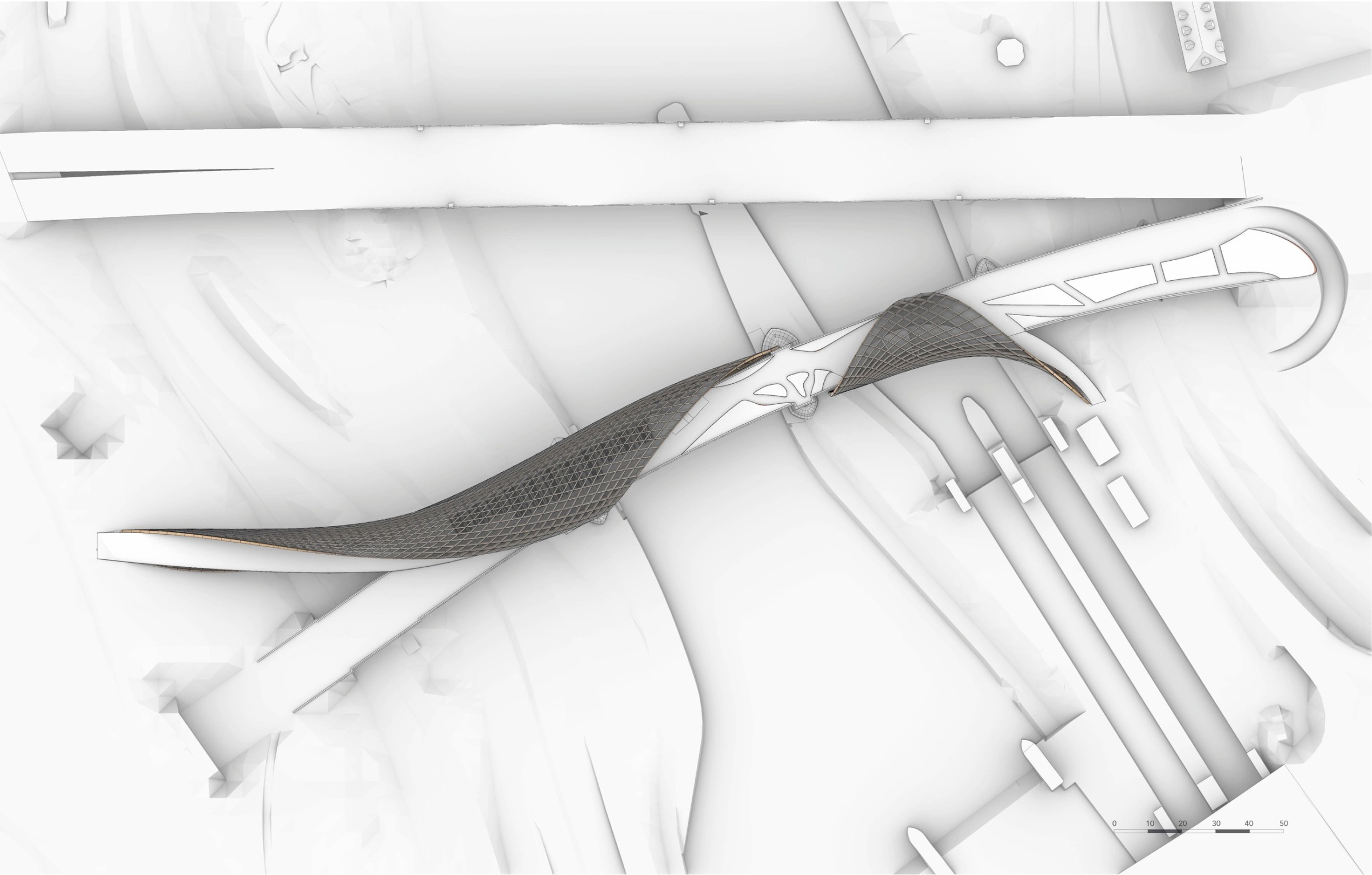 Top view of the bridge proposal showing the flowing roof geometry across the existing infrastructure.