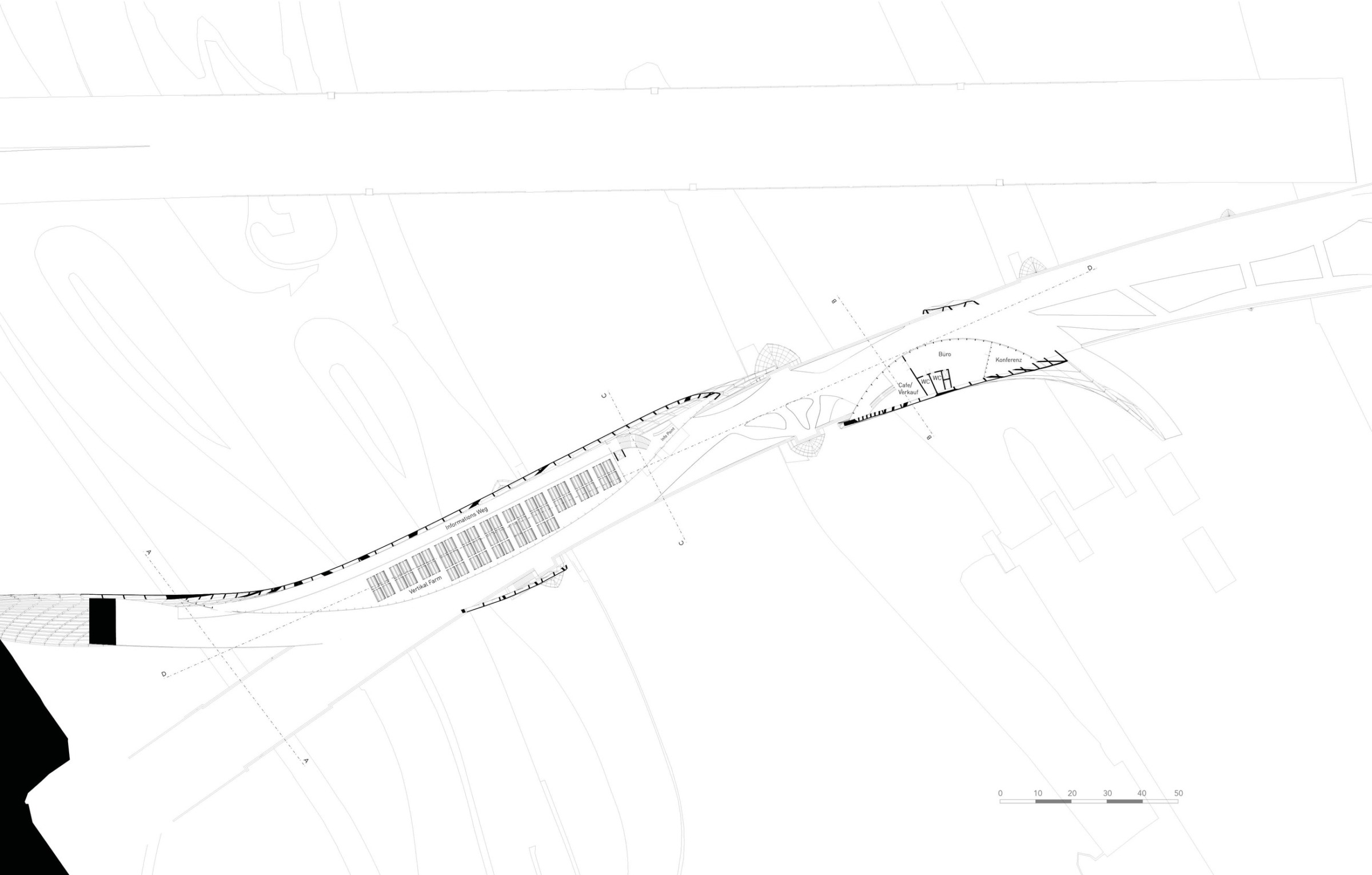 Ground floor plan of the bridge building with vertical farm, information route and civic functions.