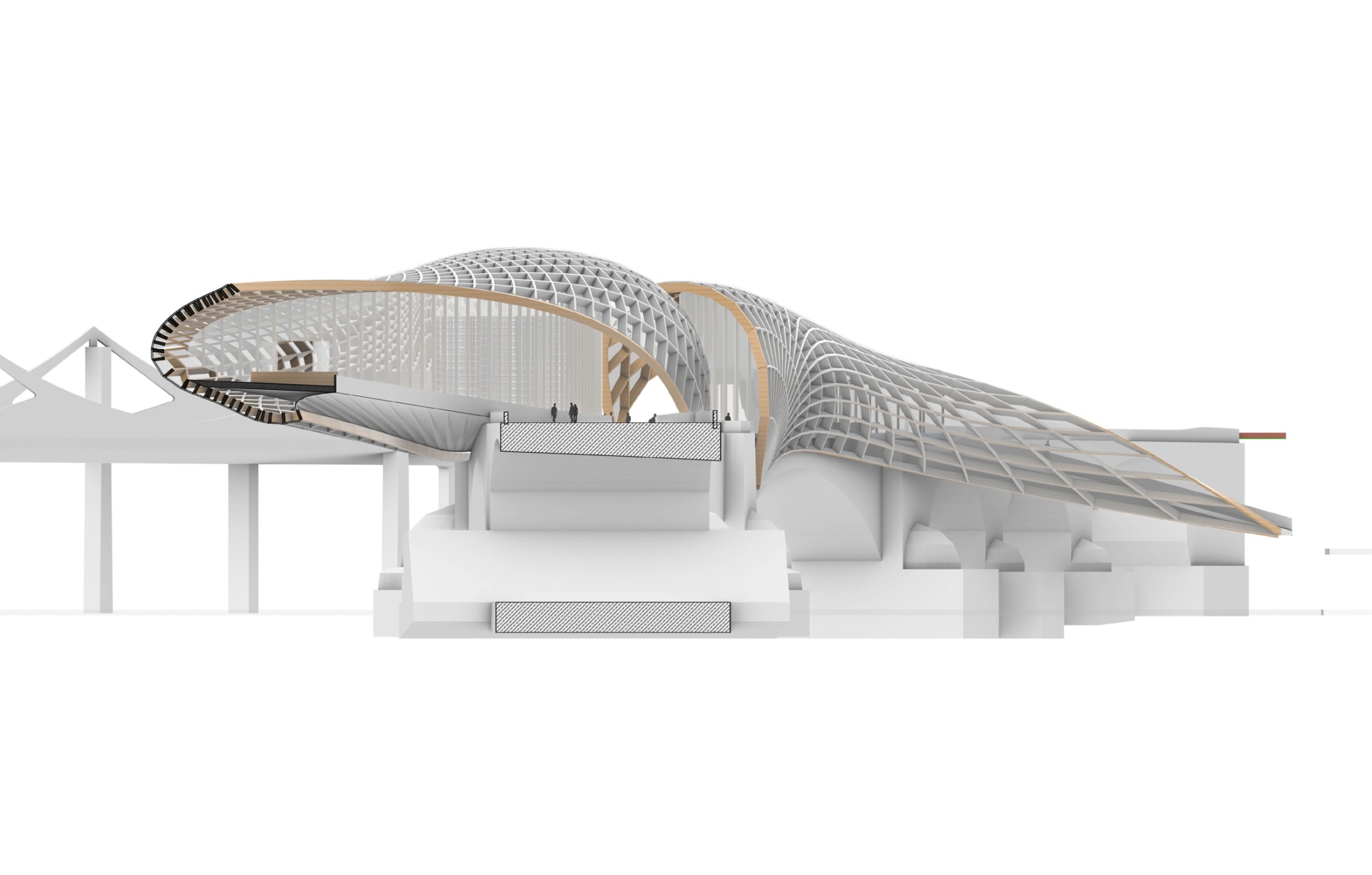 Section through the bridge building showing the enclosed programme volume and lightweight roof shell.