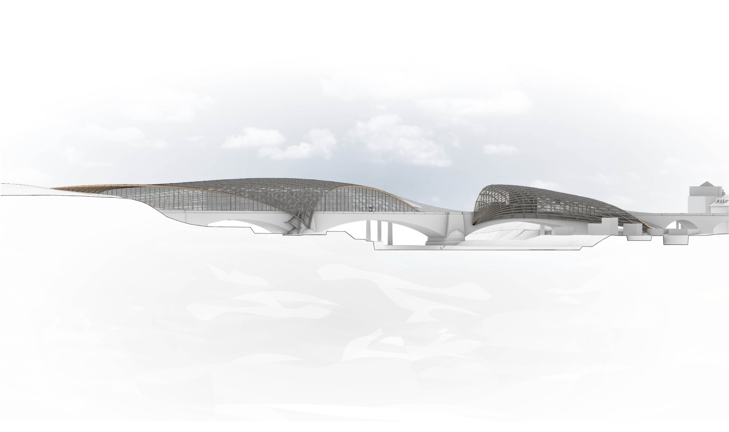 South elevation showing the bridge intervention spanning across the river corridor.