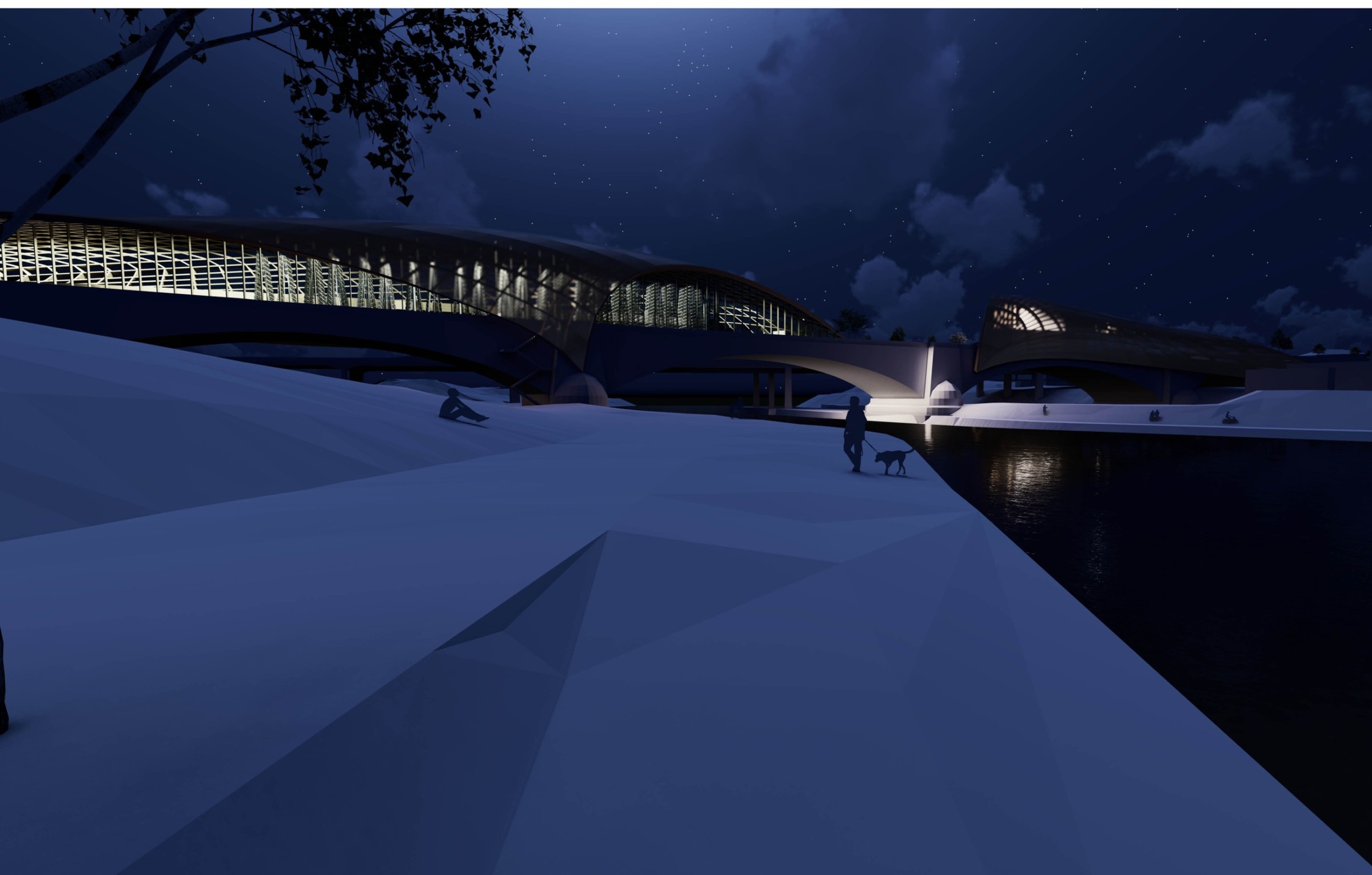 Night perspective of the illuminated bridge building across the Neckar river.