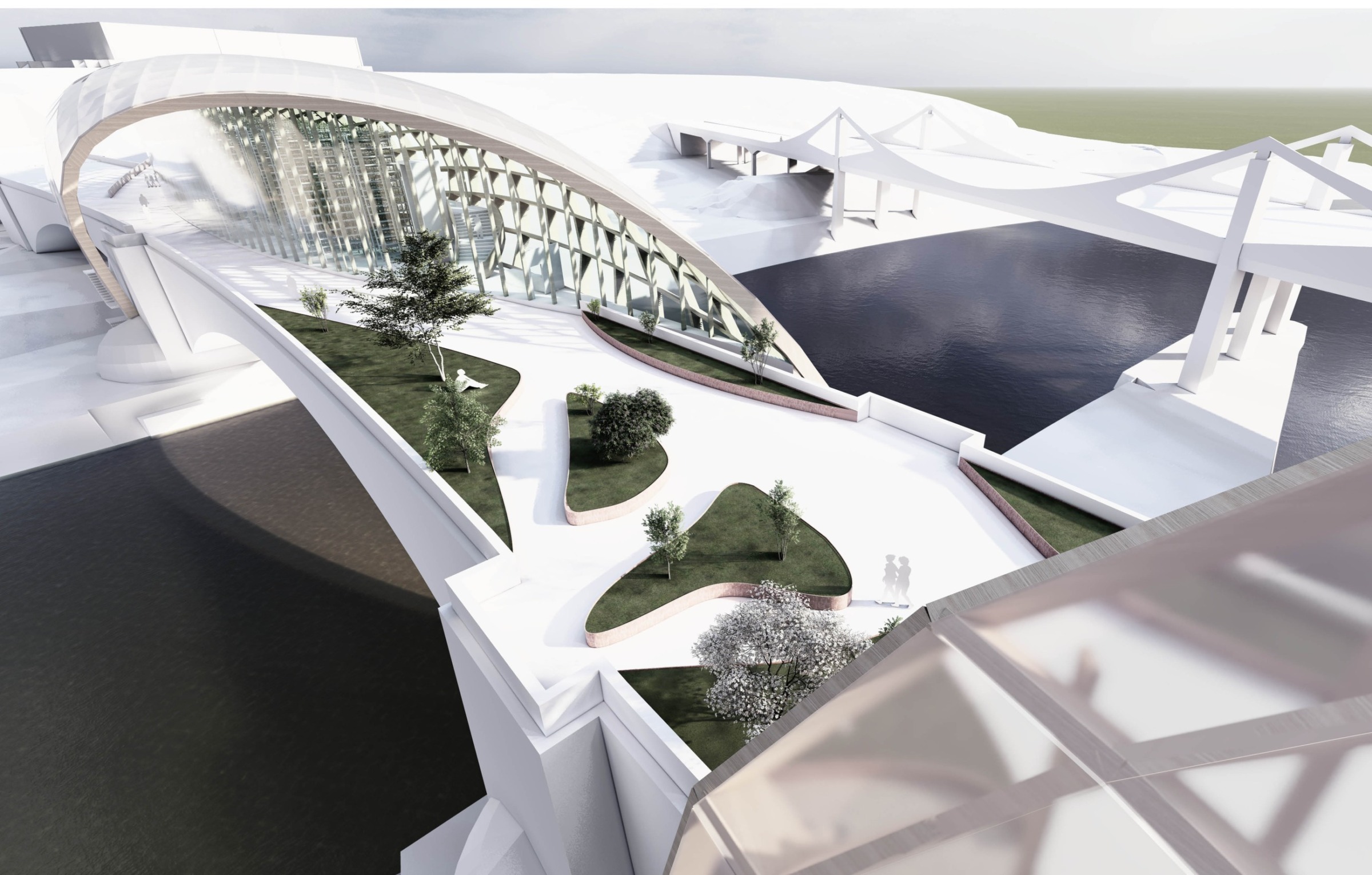 Aerial perspective of the productive bridge connector and landscaped public route.