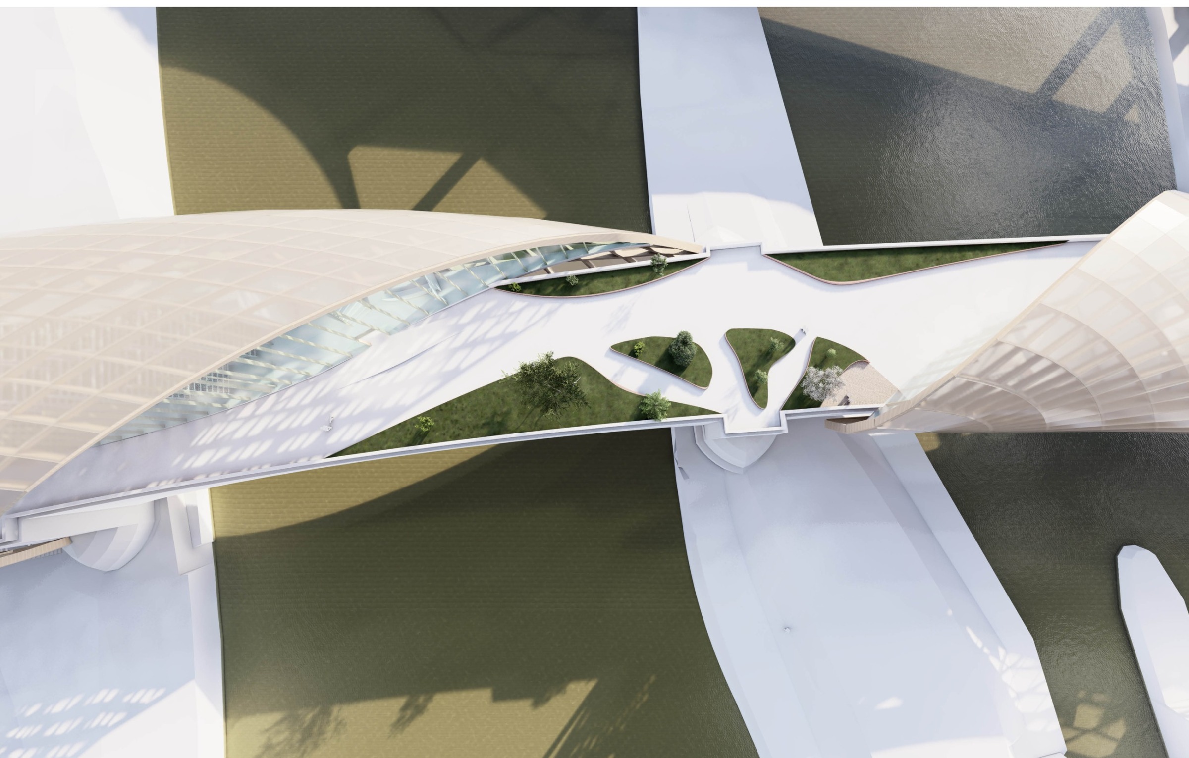 Close-up perspective of the curved bridge envelope and public route beneath it.