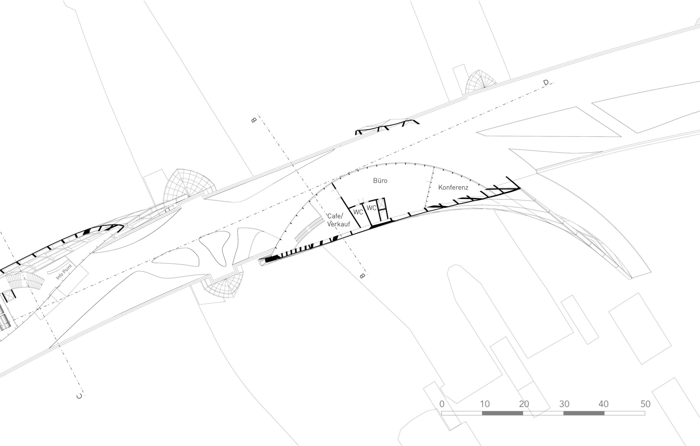 Level 1 programme plan showing cafe, support spaces and bridge functions along the upper route.