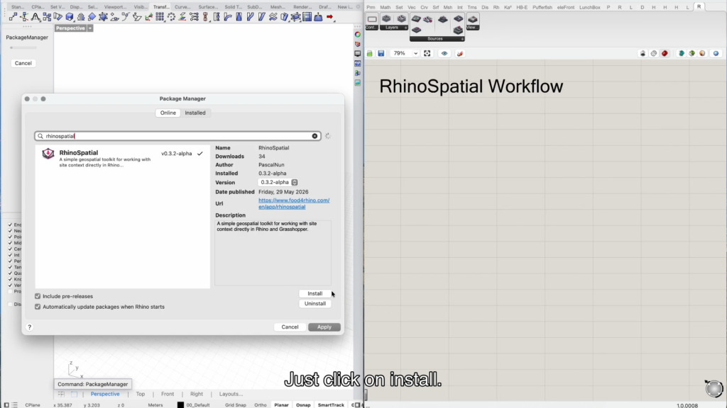Rhino Package Manager showing RhinoSpatial installation
